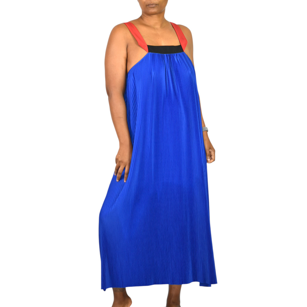 Zara Colorblock Tent Dress Blue Plisse Pleat Maxi Sundress Column Straight Small